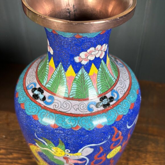 Large Vintage Cloisonne Dragon Vase 10" Copper Enamel Asian Decor Chinese Style - Picture 13 of 17